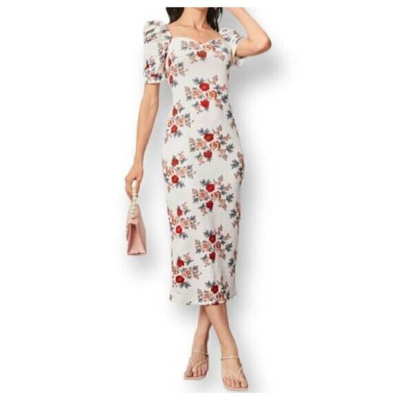 SHEIN RED & WHITE PUFF SLEEVE SLIT BACK FLORAL DRESS SZ.M EUC. - Picture 1 of 13